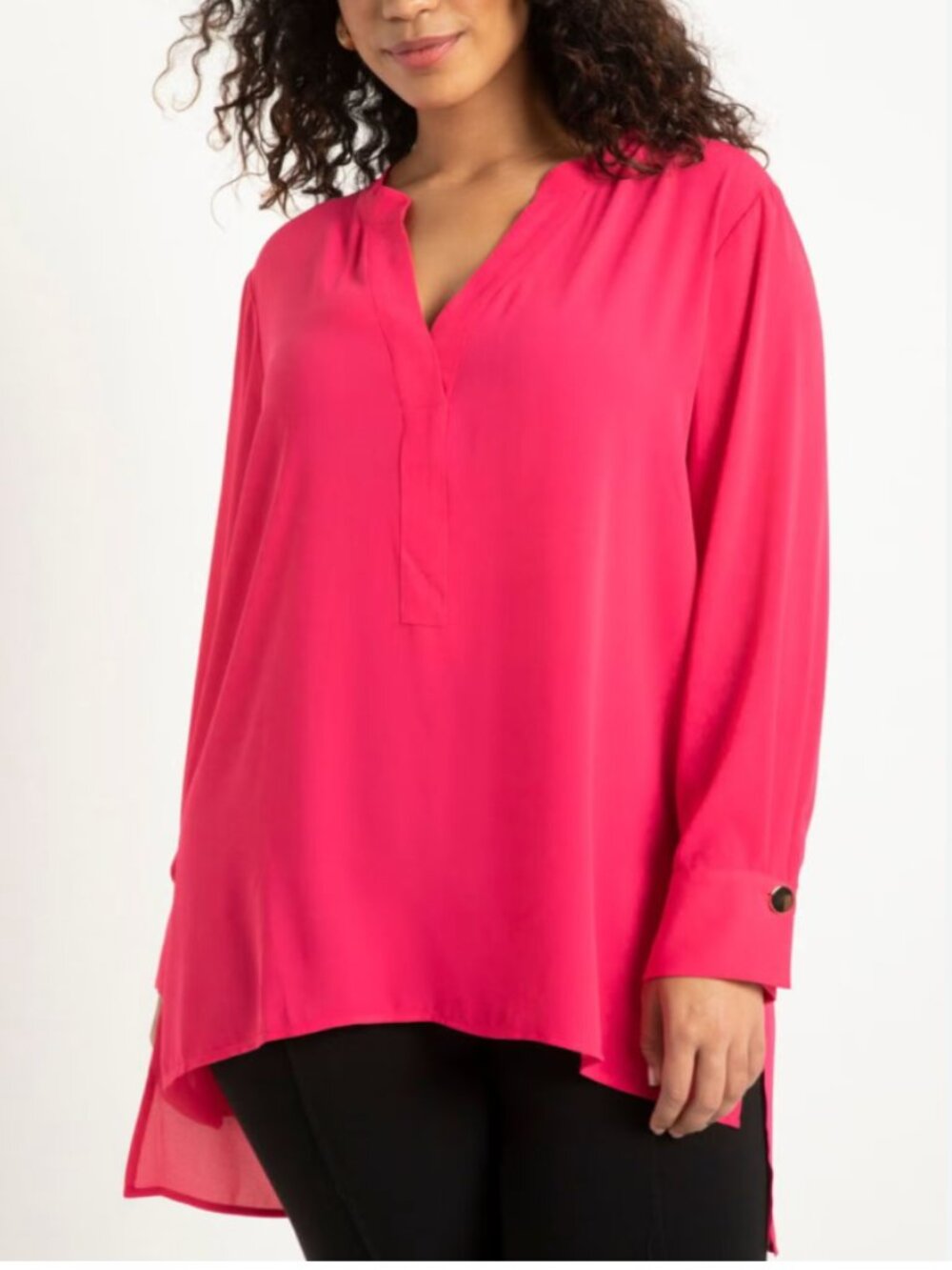Eloquii Plus Size 16 Hot Pink Mandarin Collar Tunic High Low Gold Button Blouse